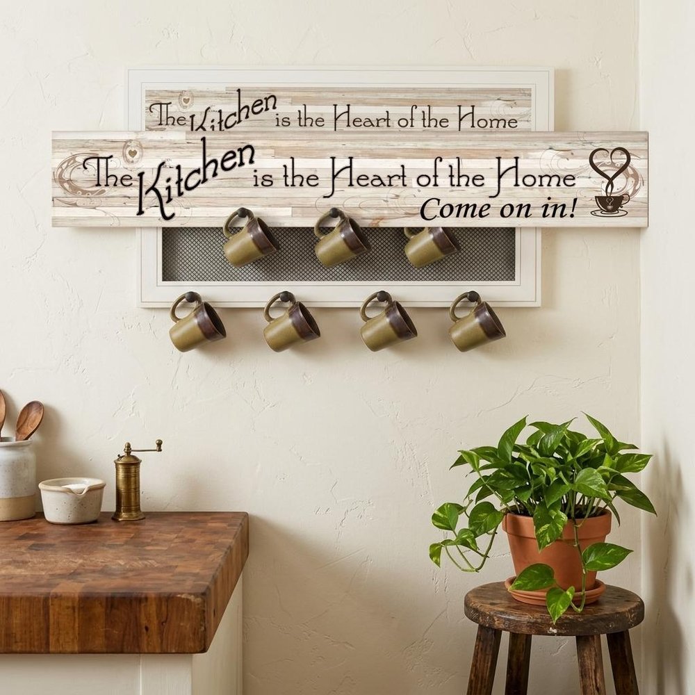 Set Of Two Kitchen Print and Mug Rack White Framed Kitchen Wall Art HomeRoots