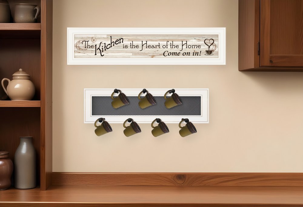 Set Of Two Kitchen Print and Mug Rack White Framed Kitchen Wall Art HomeRoots