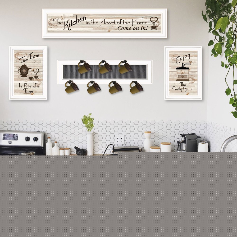 Set Of Four Kitchen Collection Seven Peg Mug Rack White Framed Print Kitchen Wall Art HomeRoots