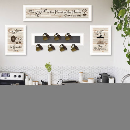 Set Of Four Kitchen Collection Seven Peg Mug Rack White Framed Print Kitchen Wall Art HomeRoots