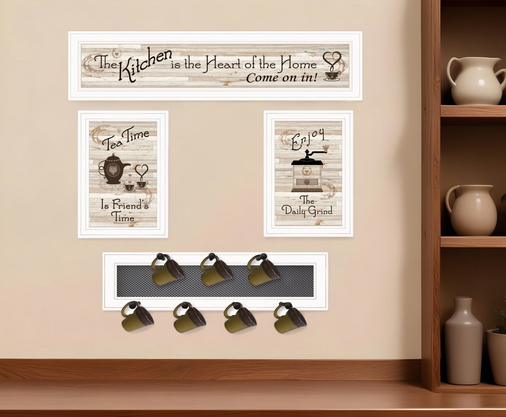 Set Of Four Kitchen Collection Seven Peg Mug Rack White Framed Print Kitchen Wall Art HomeRoots