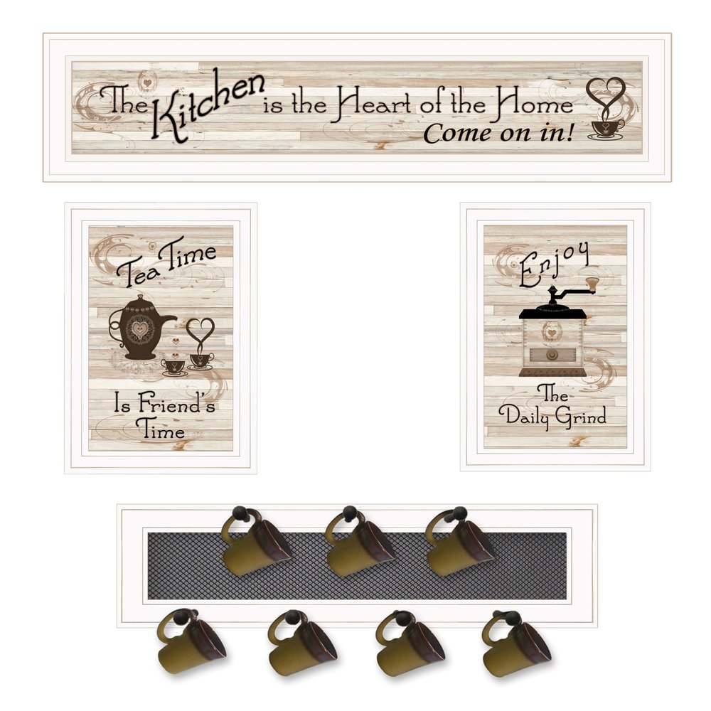 Set Of Four Kitchen Collection Seven Peg Mug Rack White Framed Print Kitchen Wall Art HomeRoots