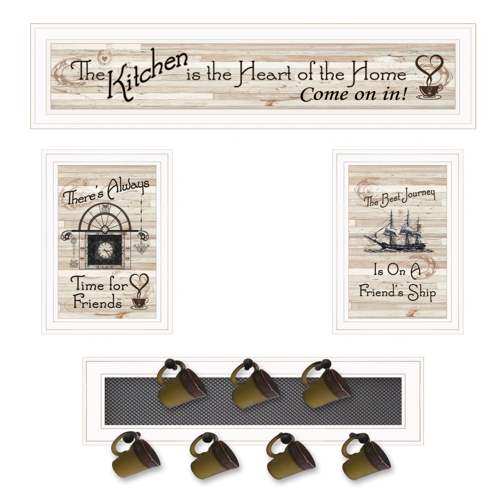 Set Of Four Kitchen Print 33x8 and Mug RackHorizonal 27x8x3 White Frame White Framed Print Kitchen Wall Art HomeRoots