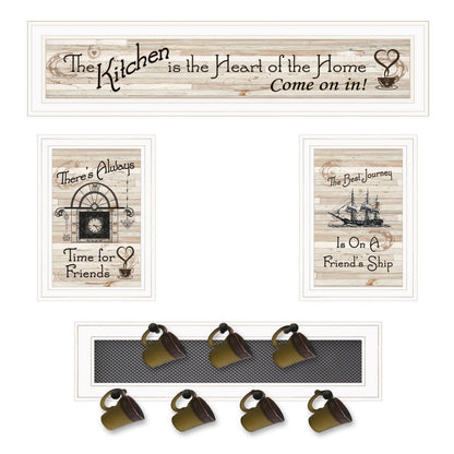 Set Of Four Kitchen Print 33x8 and Mug RackHorizonal 27x8x3 White Frame White Framed Print Kitchen Wall Art HomeRoots