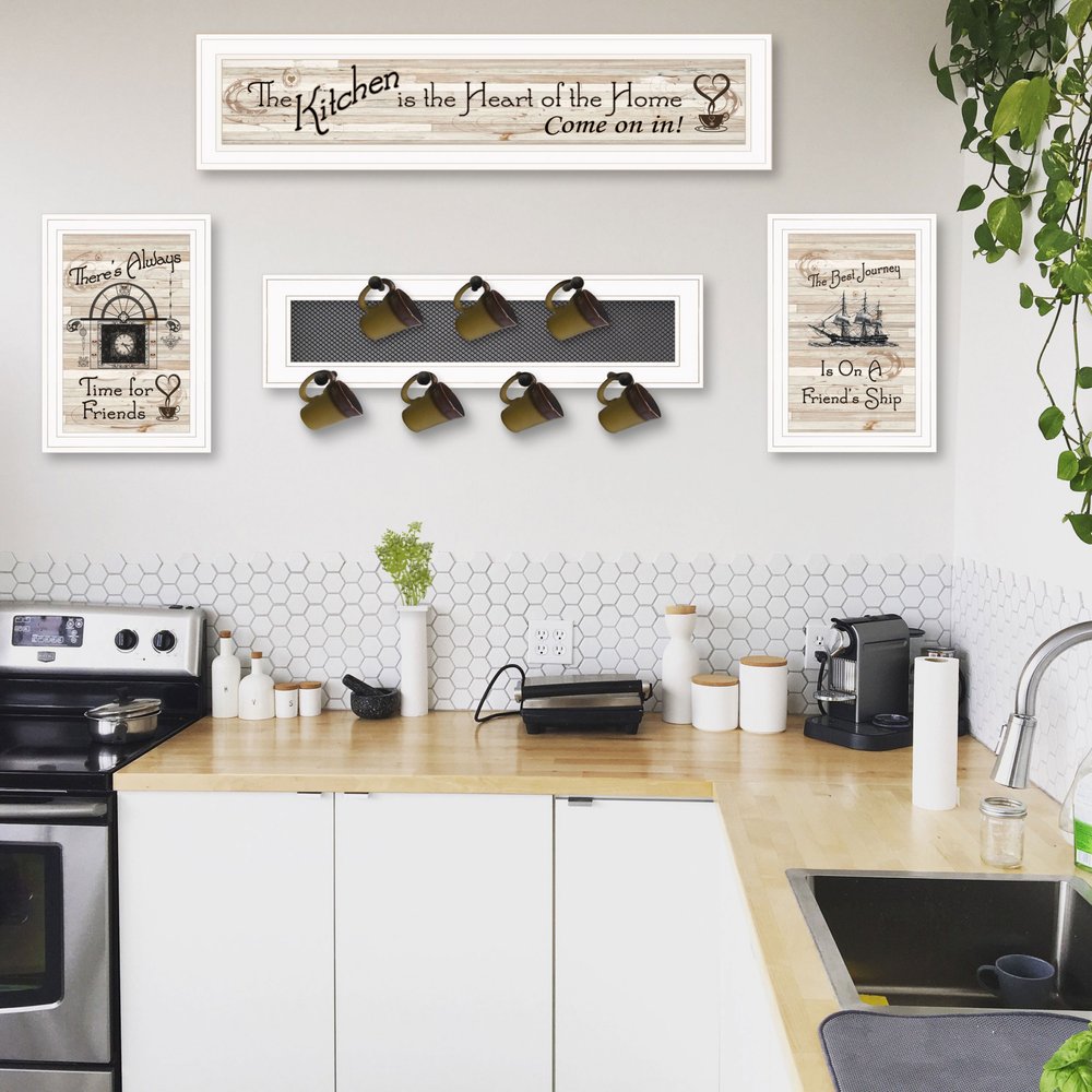 Set Of Four Kitchen Print 33x8 and Mug RackHorizonal 27x8x3 White Frame White Framed Print Kitchen Wall Art HomeRoots