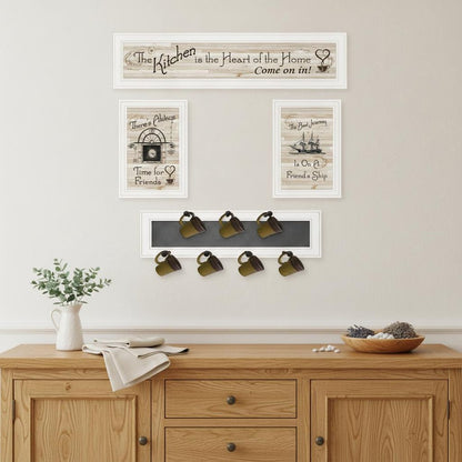 Set Of Four Kitchen Print 33x8 and Mug RackHorizonal 27x8x3 White Frame White Framed Print Kitchen Wall Art HomeRoots
