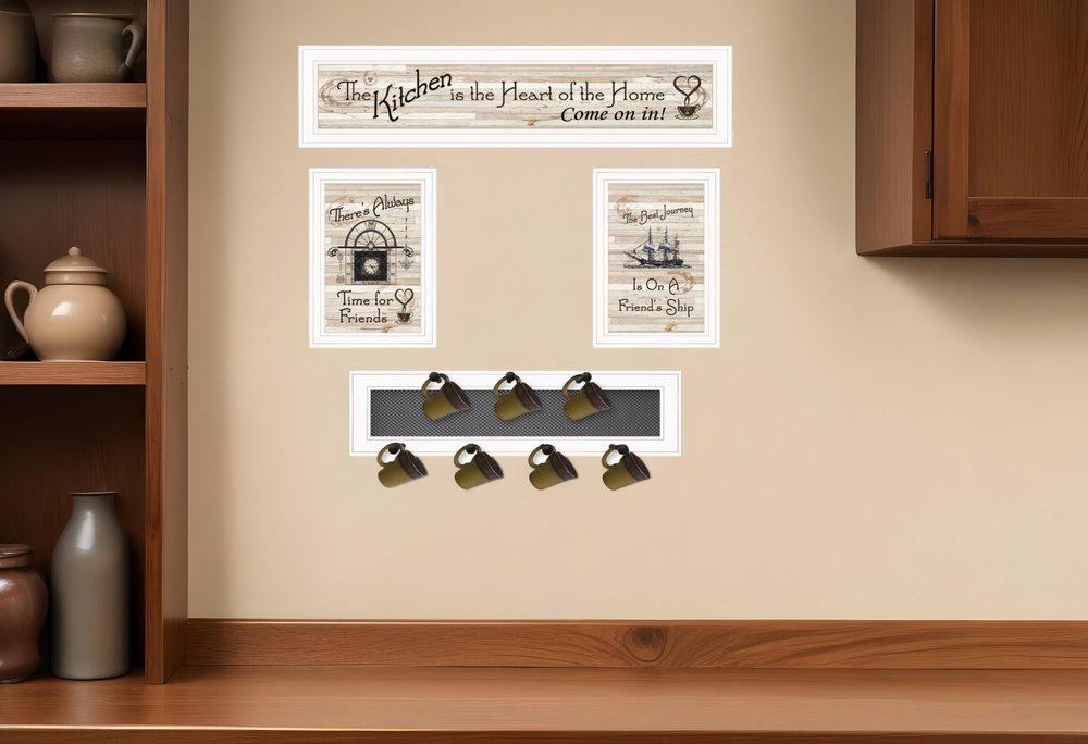 Set Of Four Kitchen Print 33x8 and Mug RackHorizonal 27x8x3 White Frame White Framed Print Kitchen Wall Art HomeRoots