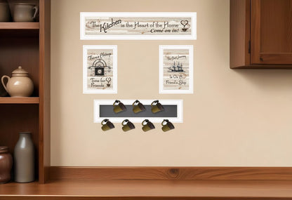 Set Of Four Kitchen Print 33x8 and Mug RackHorizonal 27x8x3 White Frame White Framed Print Kitchen Wall Art HomeRoots