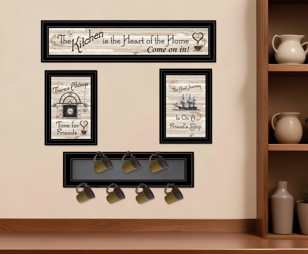 Set Of Four Kitchen Wall Art and Mug Rack HomeRoots