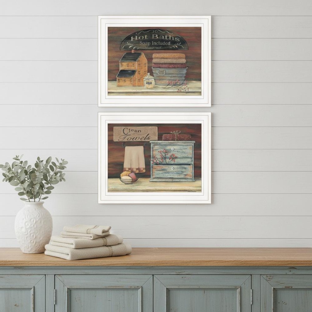 Set Of Two Hot Bath or Clean Towels 1 White Framed Print Bathroom Wall Art HomeRoots