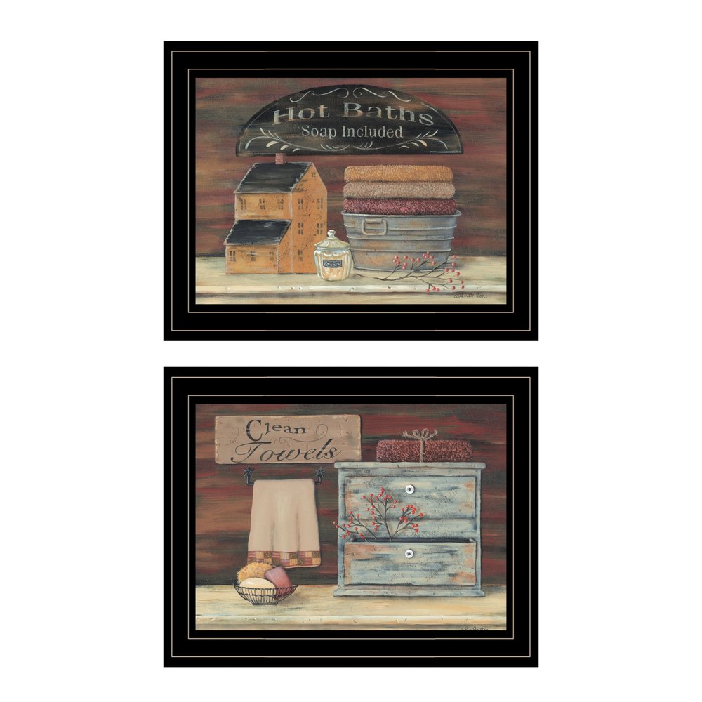 Set Of Two Hot Bath or Clean Towels 2 Black Framed Print Bathroom Wall Art HomeRoots