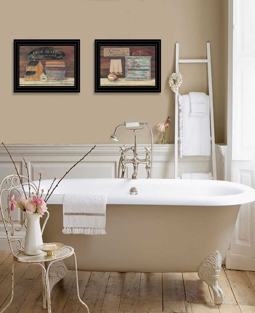 Set Of Two Hot Bath or Clean Towels 2 Black Framed Print Bathroom Wall Art HomeRoots