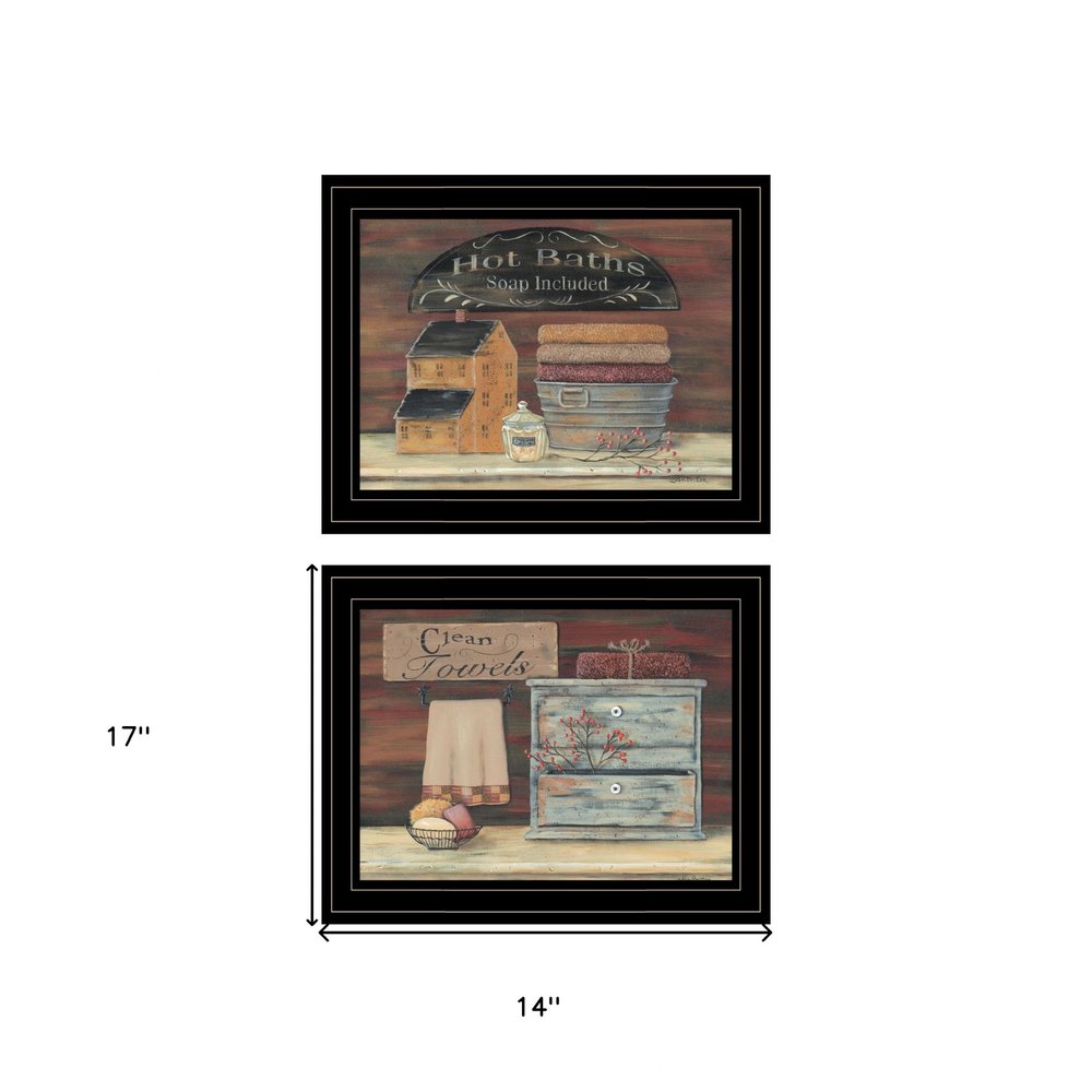 Set Of Two Hot Bath or Clean Towels 2 Black Framed Print Bathroom Wall Art HomeRoots