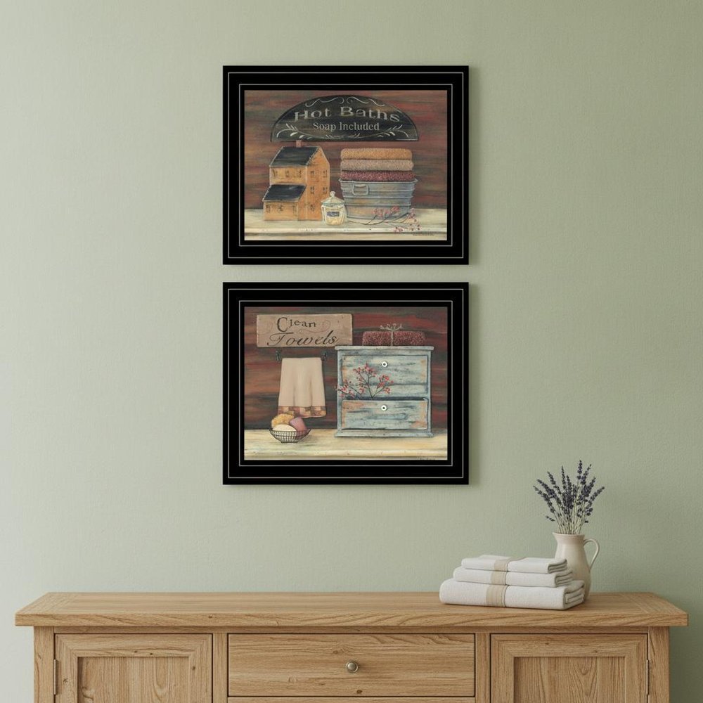 Set Of Two Hot Bath or Clean Towels 2 Black Framed Print Bathroom Wall Art HomeRoots