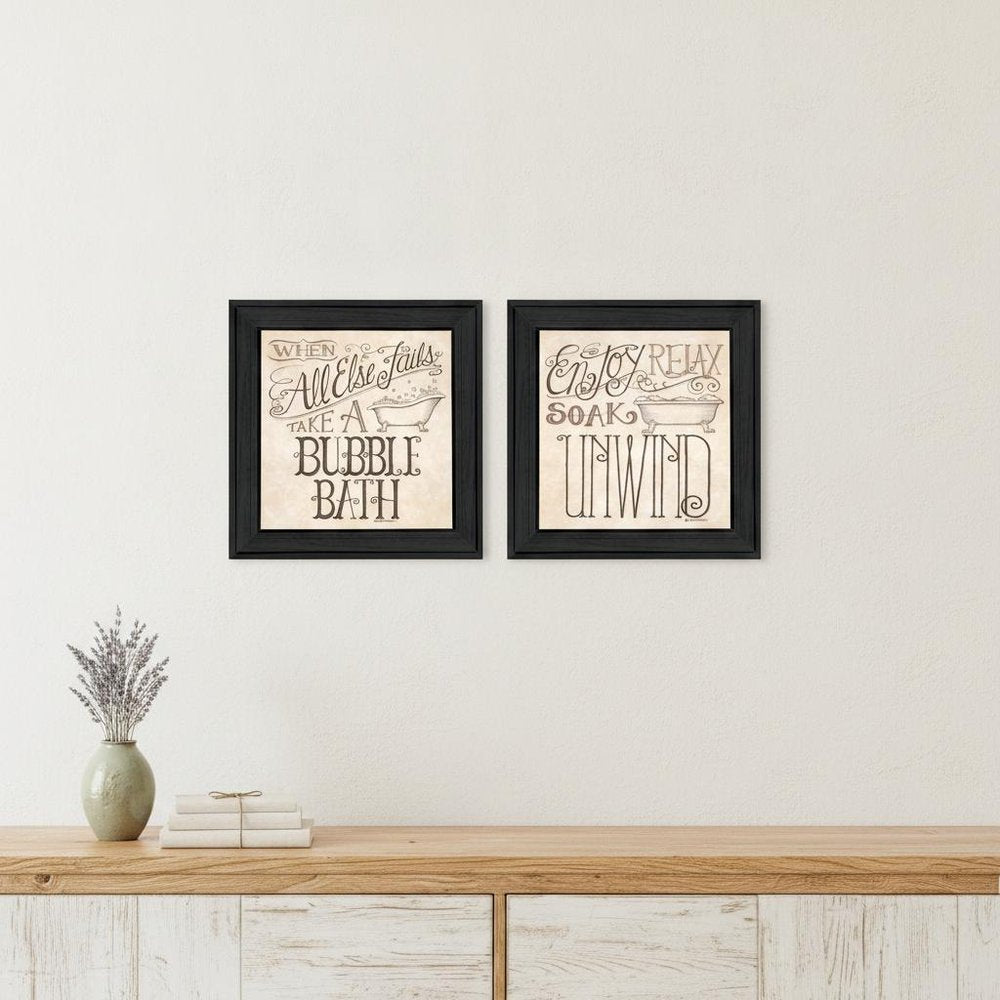 Set Of Two Soak and Unwind 1 Black Framed Print Bathroom Wall Art HomeRoots