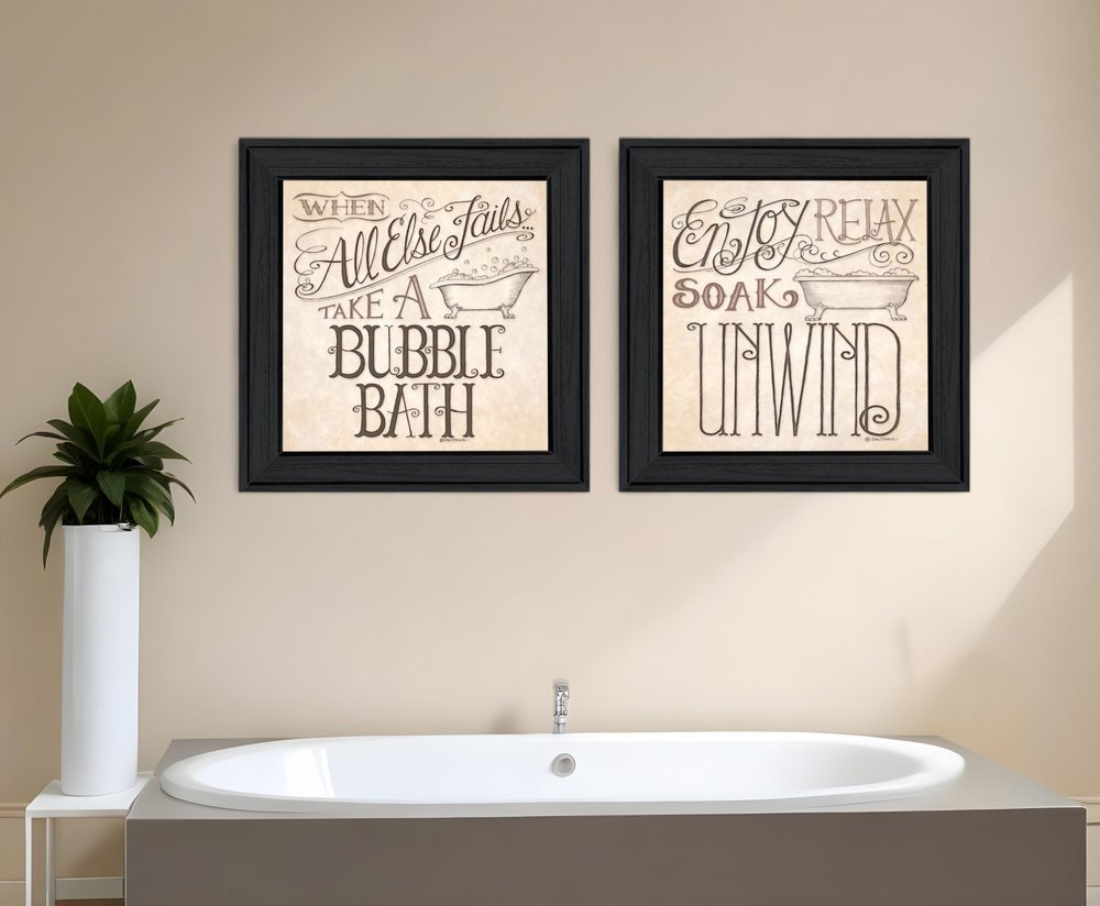 Set Of Two Soak and Unwind 1 Black Framed Print Bathroom Wall Art HomeRoots