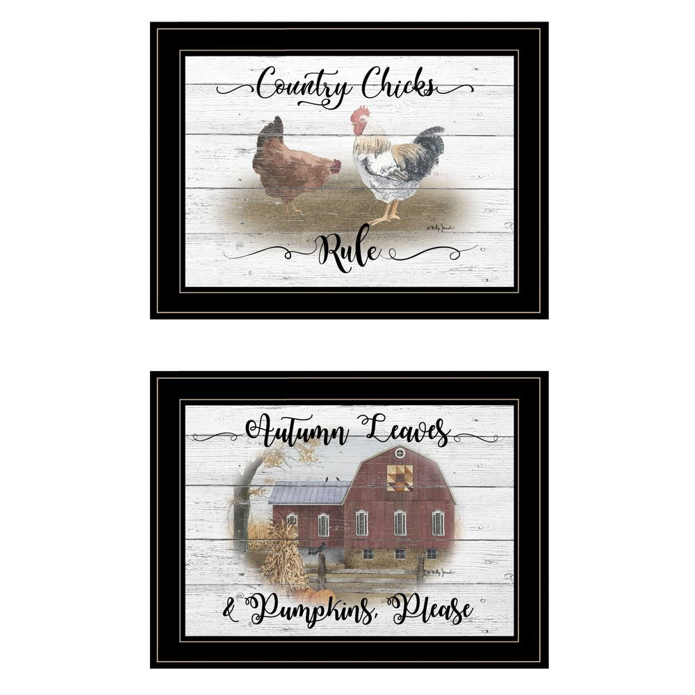 Set Of Two Chickens and Autumn Black Framed Print Wall Art — view 1