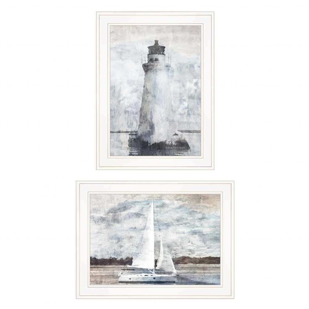 Set Of Two Lighthouse Sailboat 1 White Framed Print Wall Art — view 1