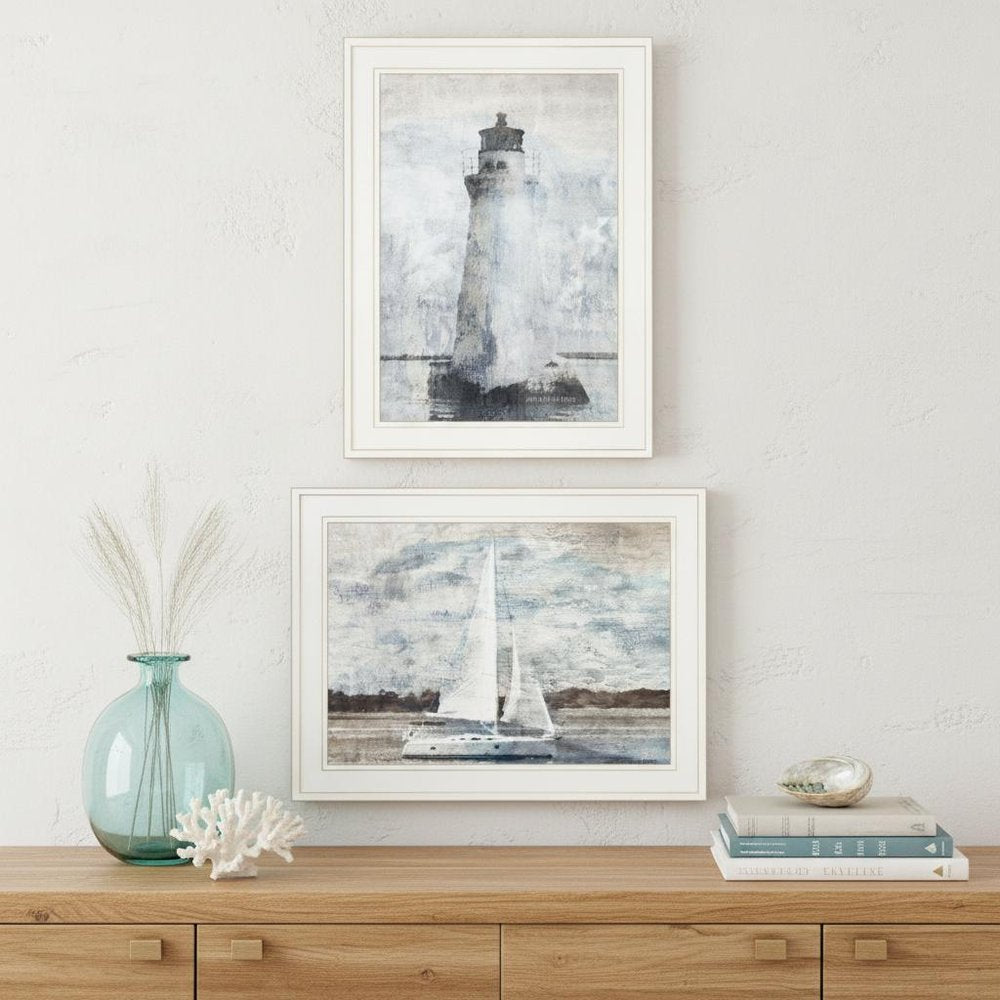 Set Of Two Lighthouse Sailboat 1 White Framed Print Wall Art — view 4
