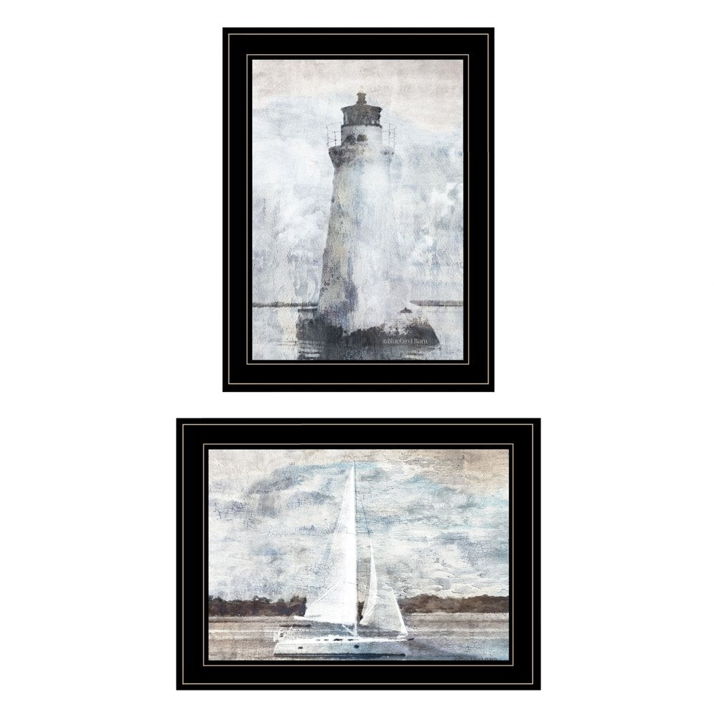 Set Of Two Lighthouse Sailboat 2 Black Framed Print Wall Art — view 1