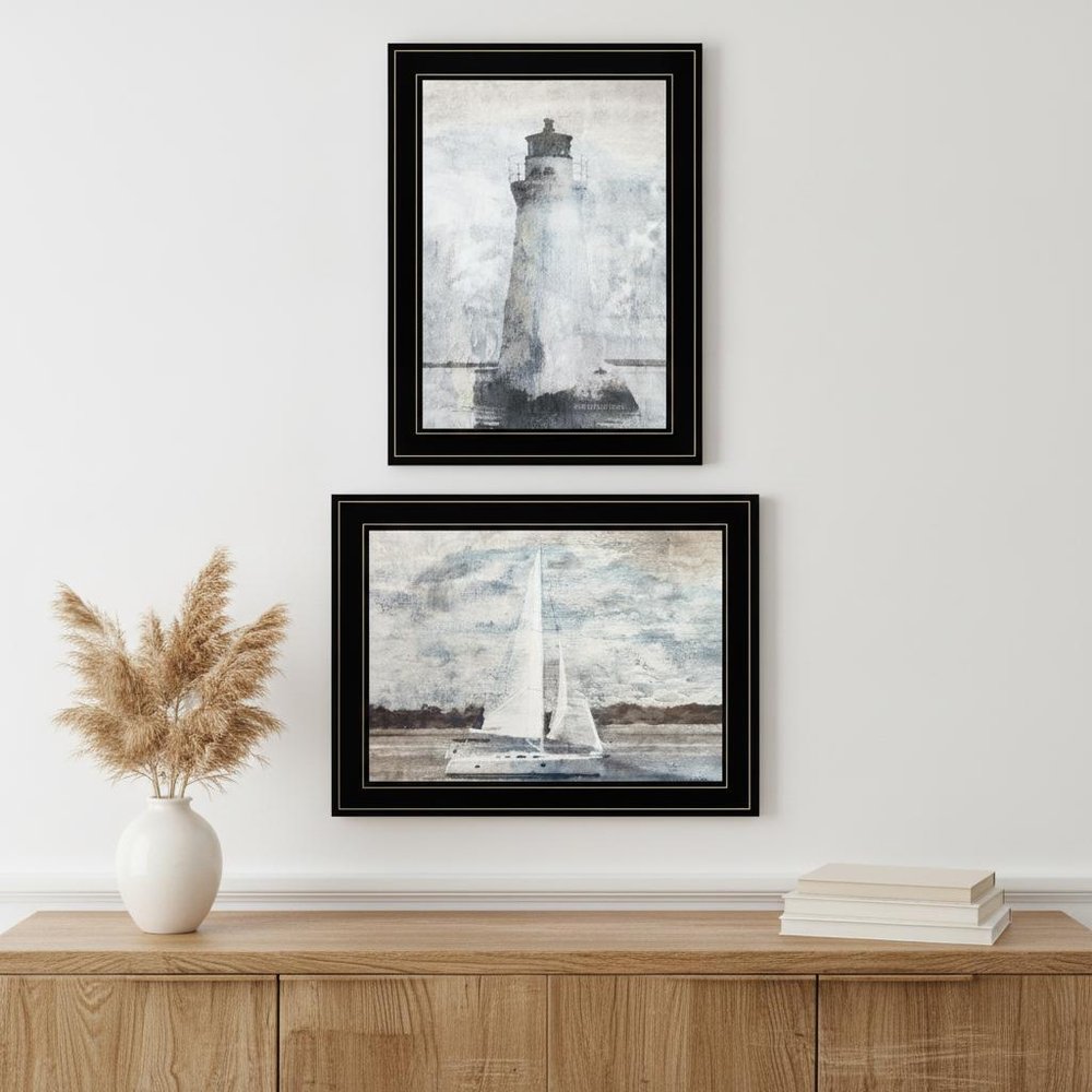 Set Of Two Lighthouse Sailboat 2 Black Framed Print Wall Art — view 3
