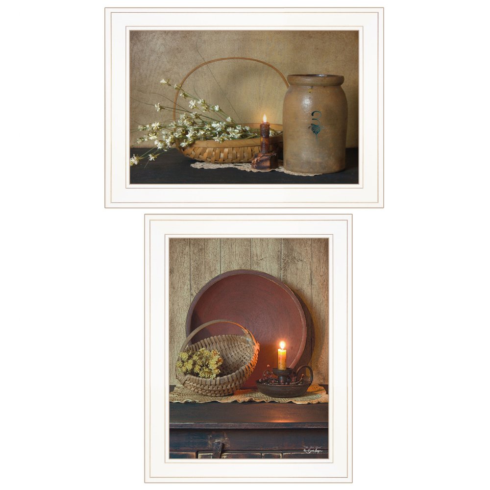 Set Of Two Candle Light and Flowers 1 White Framed Print Wall Art — view 1