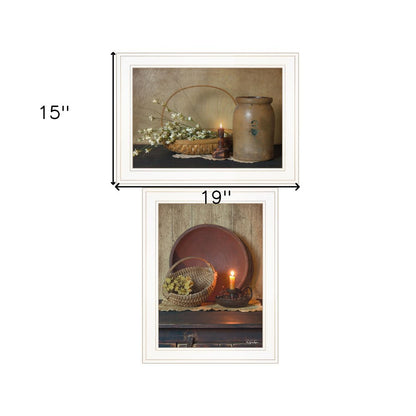 Set Of Two Candle Light and Flowers 1 White Framed Print Wall Art