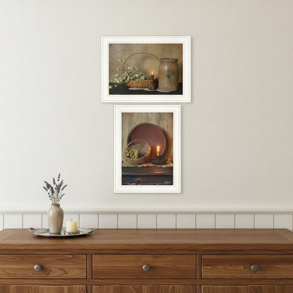 Set Of Two Candle Light and Flowers 1 White Framed Print Wall Art