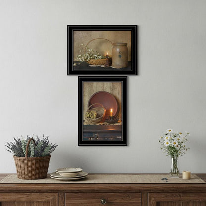 Set Of Two Candle Light and Flowers 2 Black Framed Print Wall Art