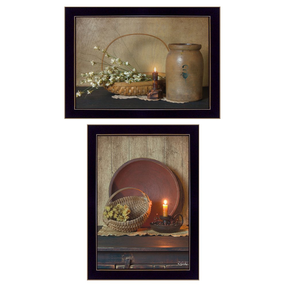Set Of Two Candle Light and Flowers 3 Black Framed Print Wall Art — view 1