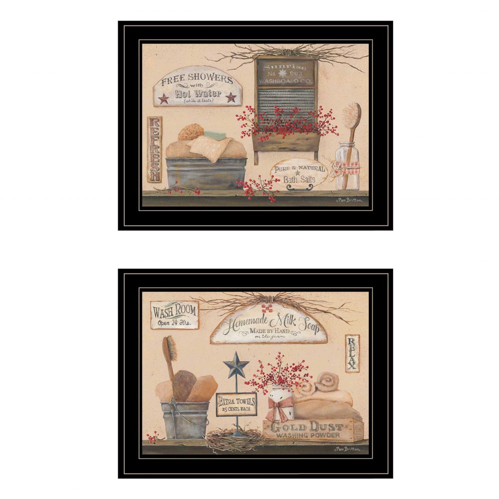 Set Of Two Wash Room 2 Black Framed Print Bathroom Wall Art — view 1