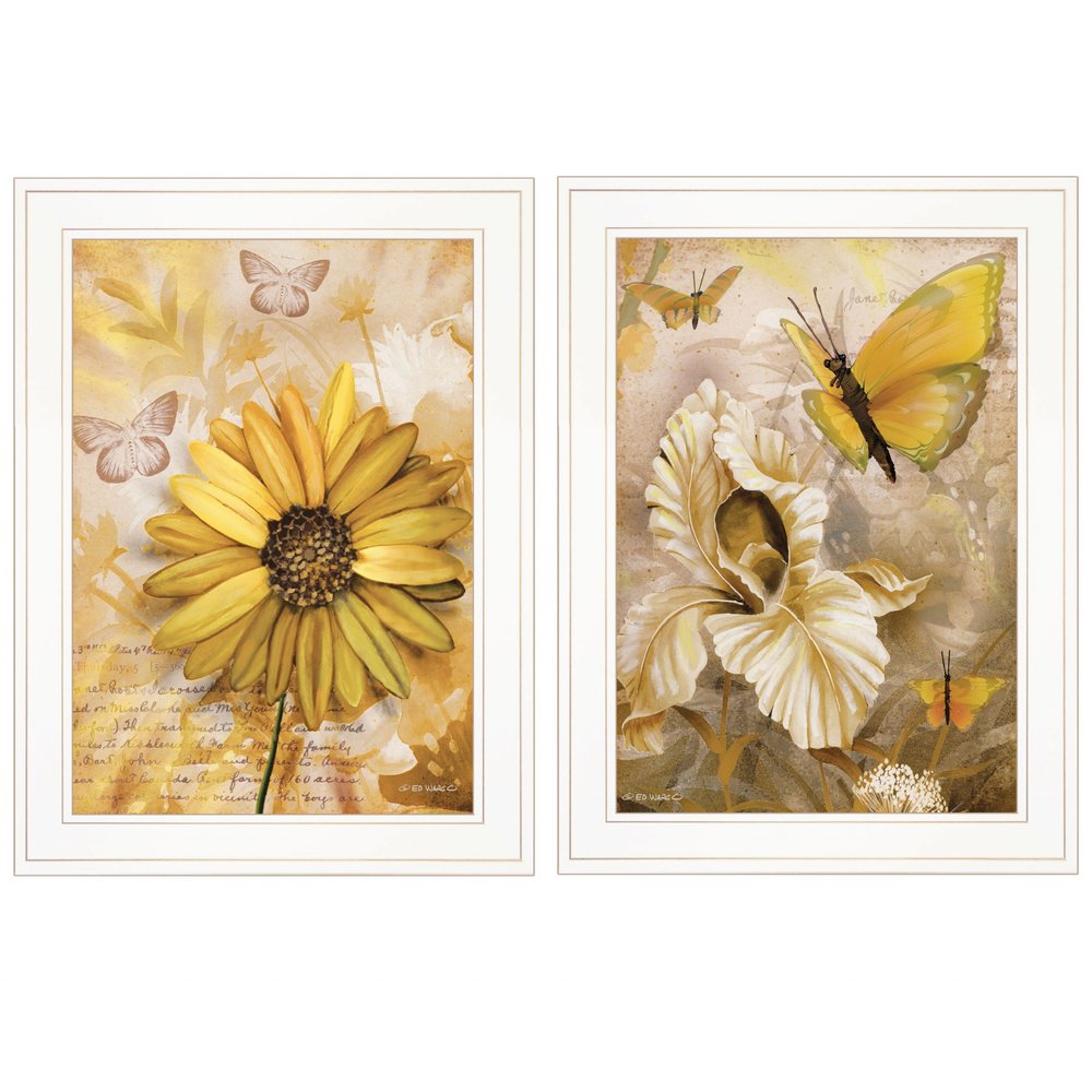 Set Of Two Yellow Flowers And Butterflies White Framed Print Wall Art — view 1