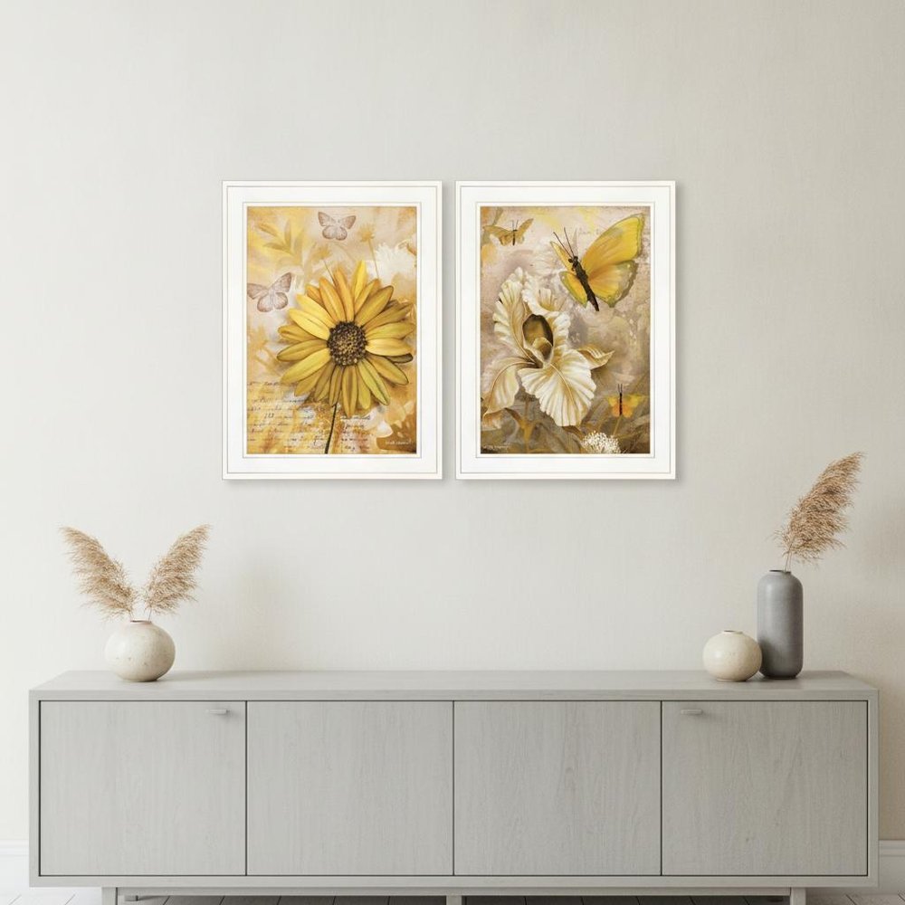 Set Of Two Yellow Flowers And Butterflies White Framed Print Wall Art — view 4