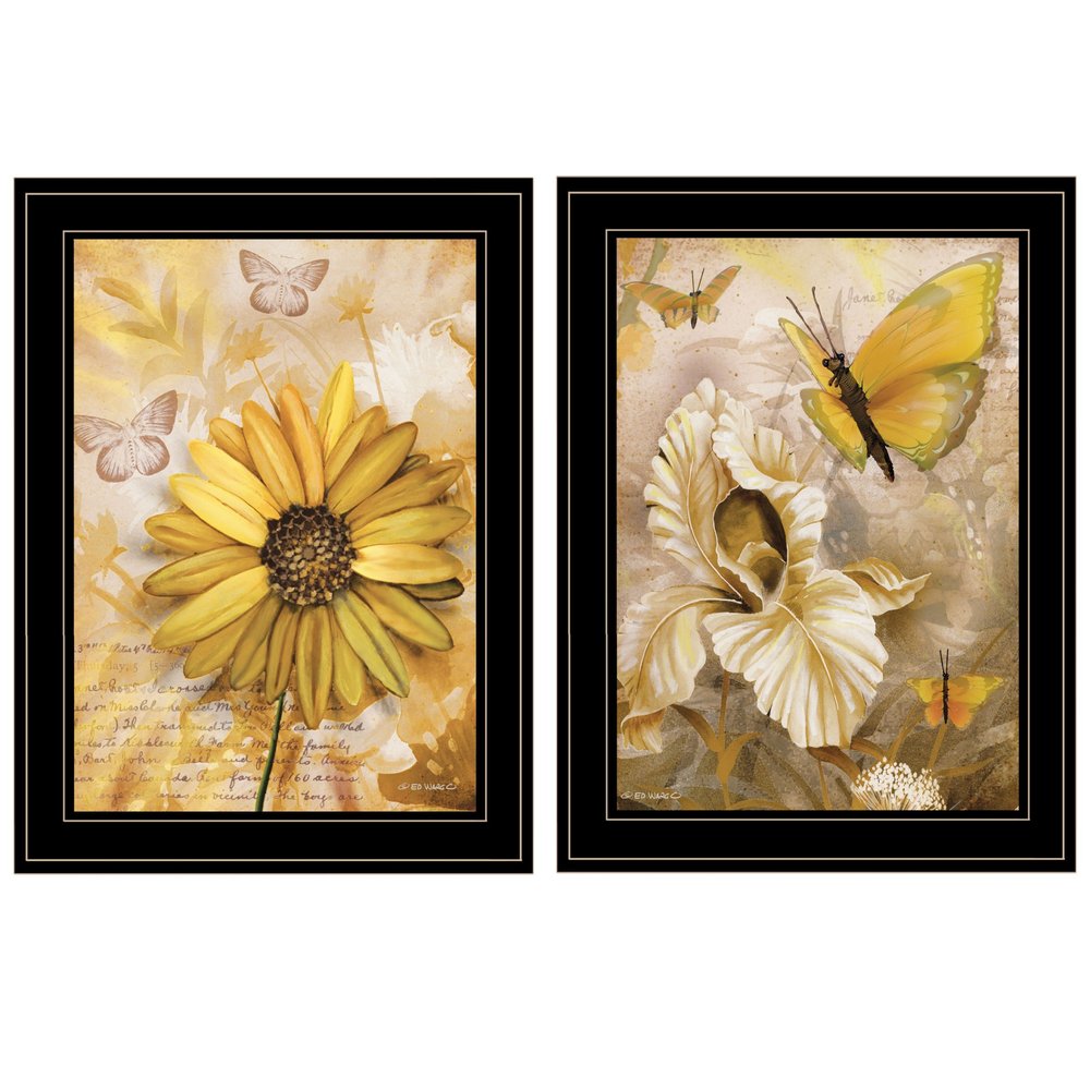 Set Of Two Flowers and Butterflies 2 Black Framed Print Wall Art — view 1