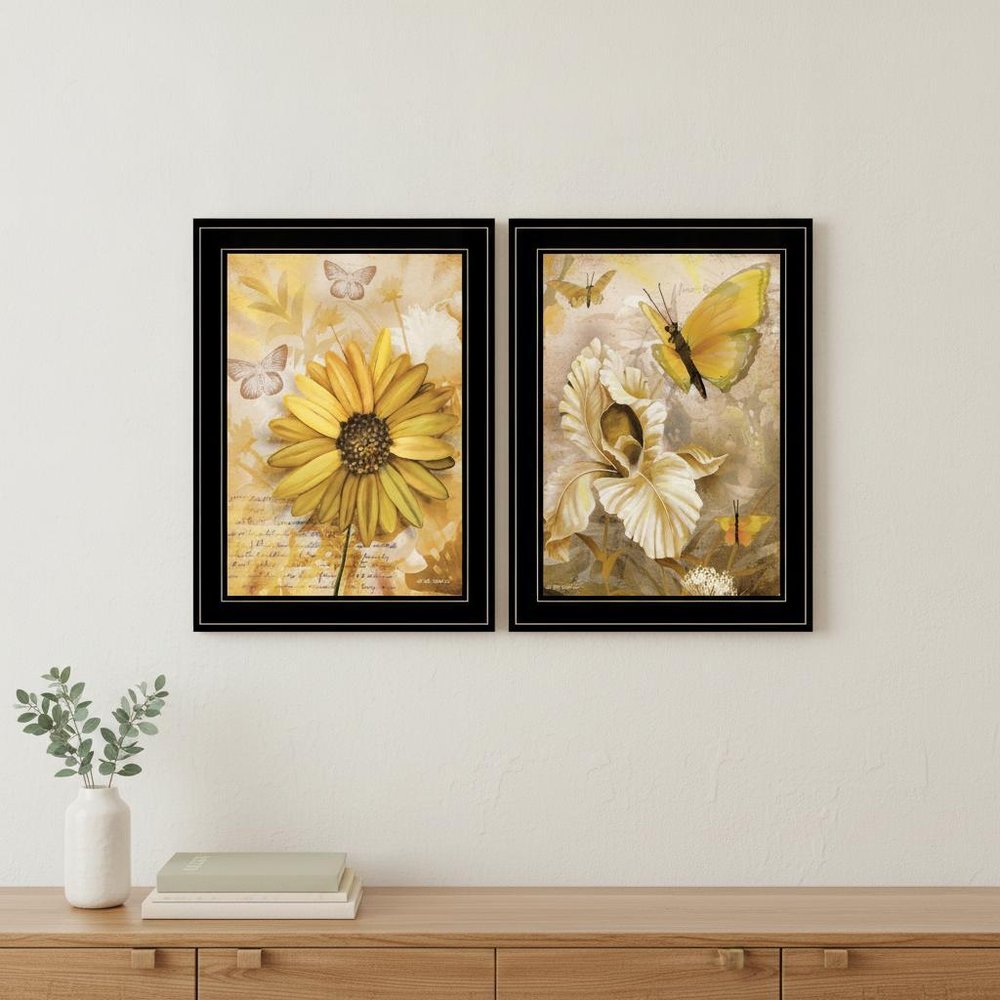 Set Of Two Flowers and Butterflies 2 Black Framed Print Wall Art — view 4