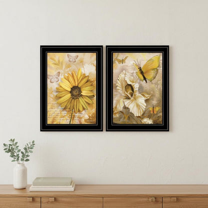 Set Of Two Flowers and Butterflies 2 Black Framed Print Wall Art