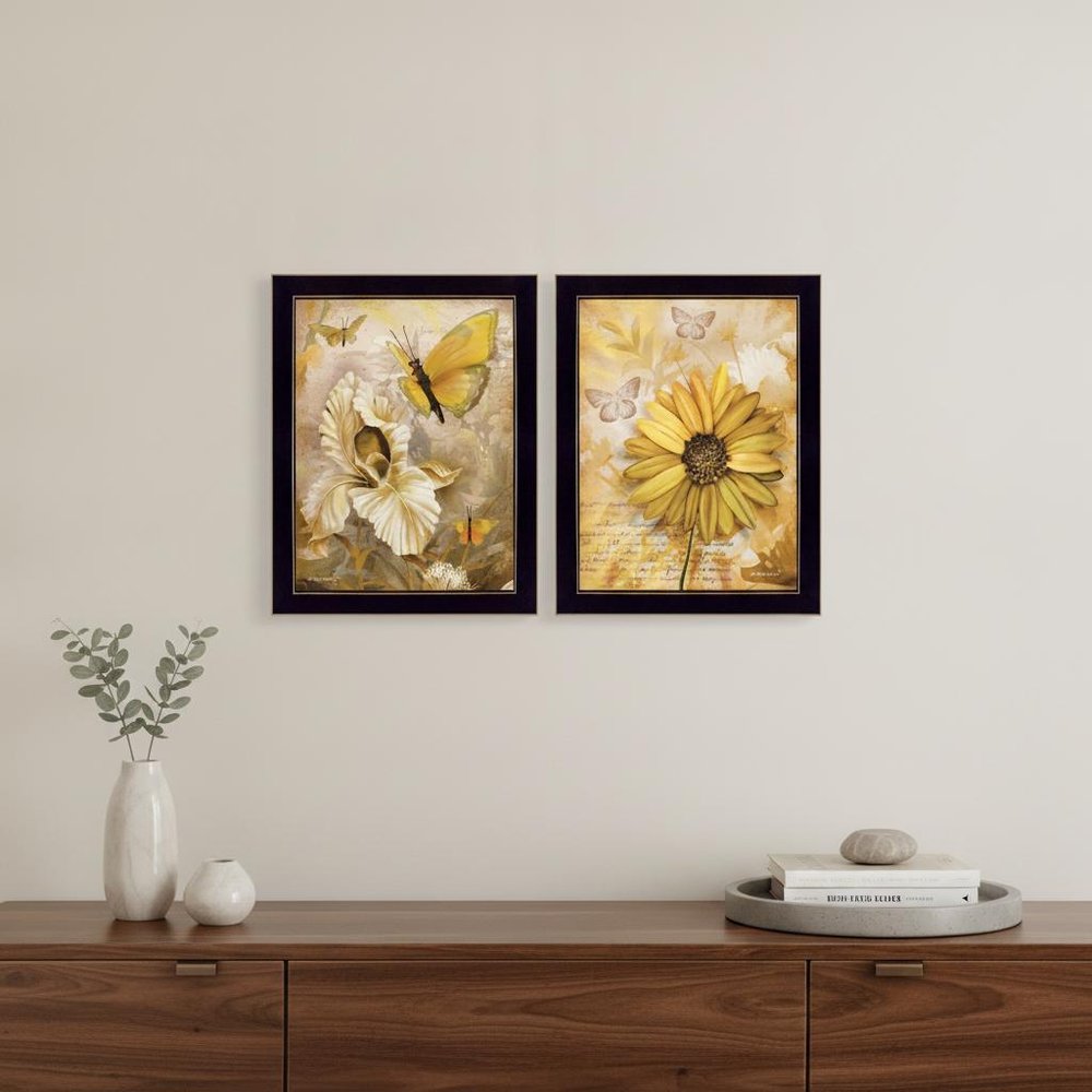 Set Of Two Flowers and Butterflies 3 Black Framed Print Wall Art — view 5