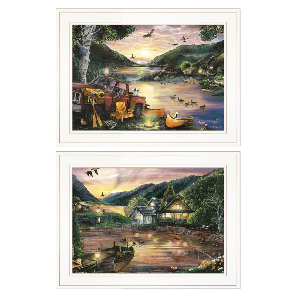 Set Of Two Lakefront Camping 1 White Framed Print Wall Art — view 1