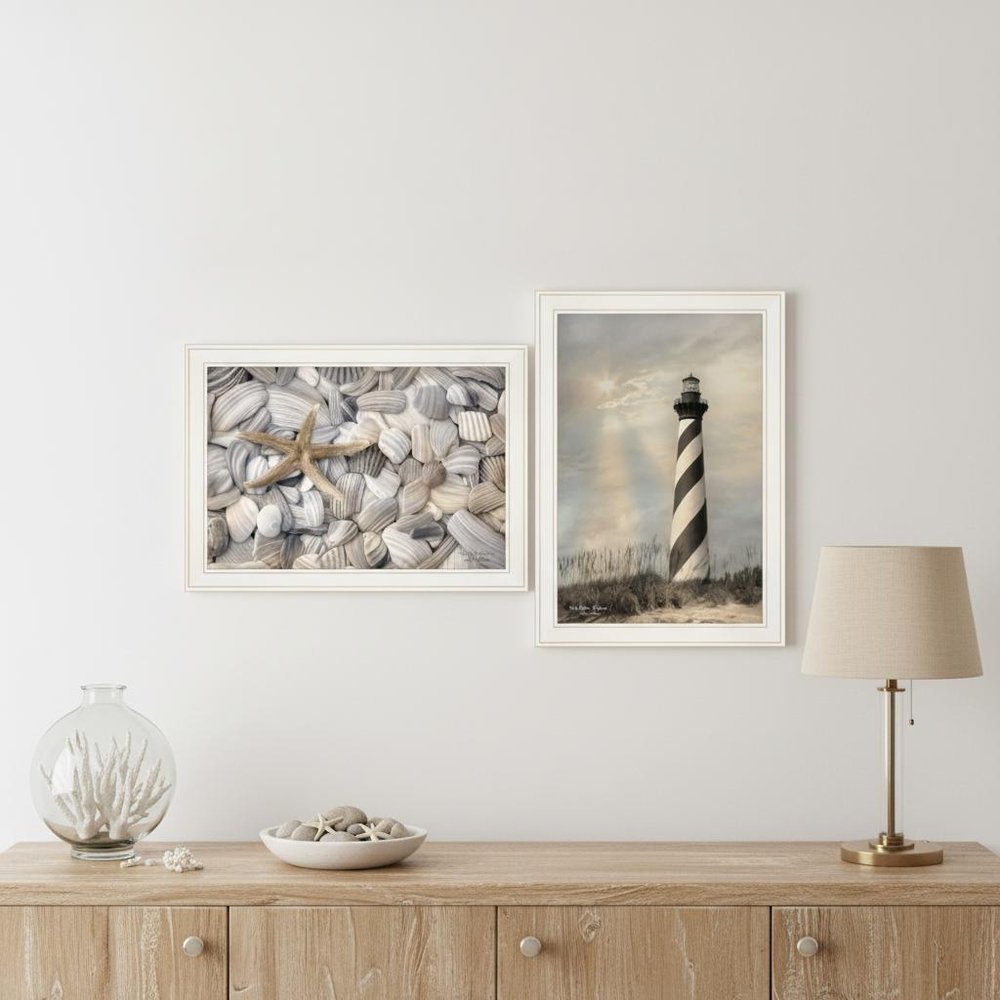Set Of Two Cape Hatteras Lighthouse and Sea Shells 3 White Framed Print Wall Art — view 5