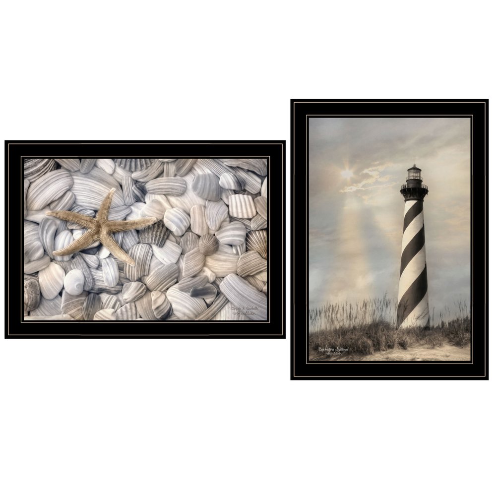 Set Of Two Cape Hatteras Lighthouse and Sea Shells 4 Black Framed Print Wall Art — view 1