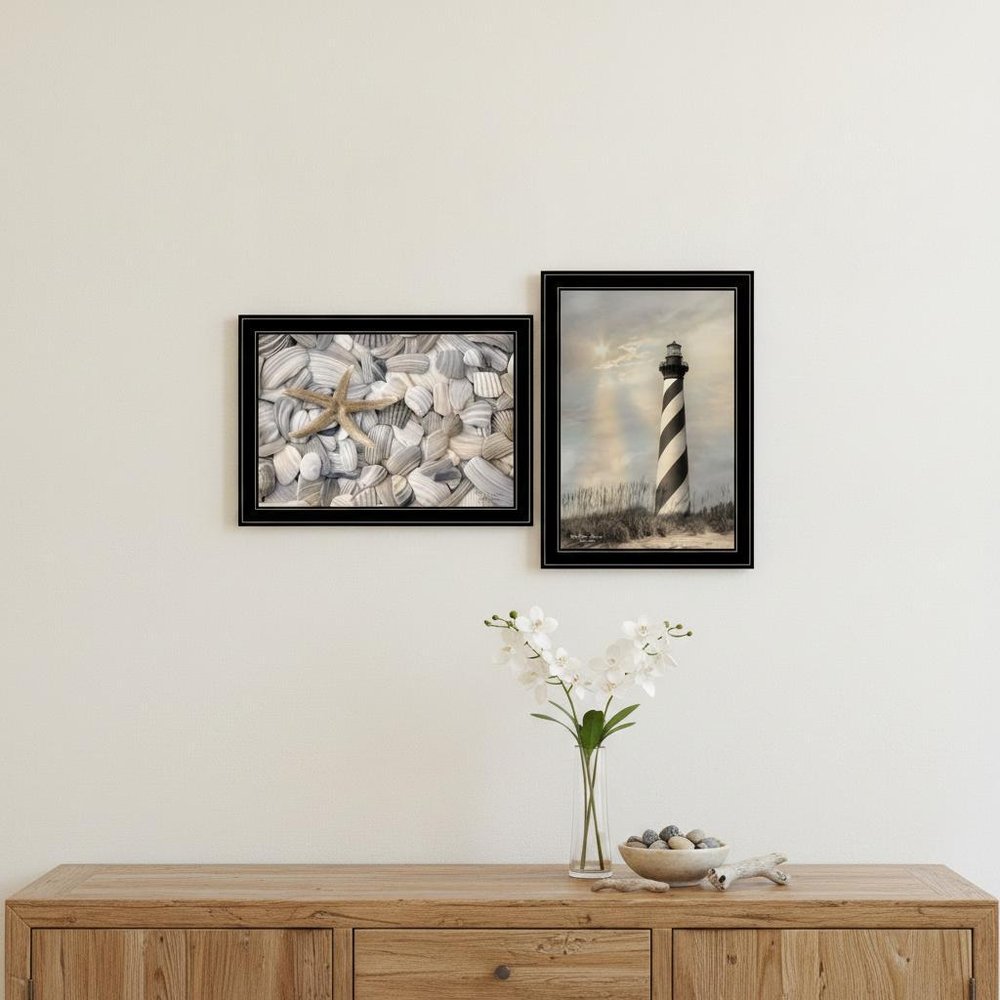 Set Of Two Cape Hatteras Lighthouse and Sea Shells 4 Black Framed Print Wall Art — view 6