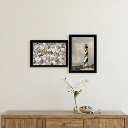 Set Of Two Cape Hatteras Lighthouse and Sea Shells 4 Black Framed Print Wall Art