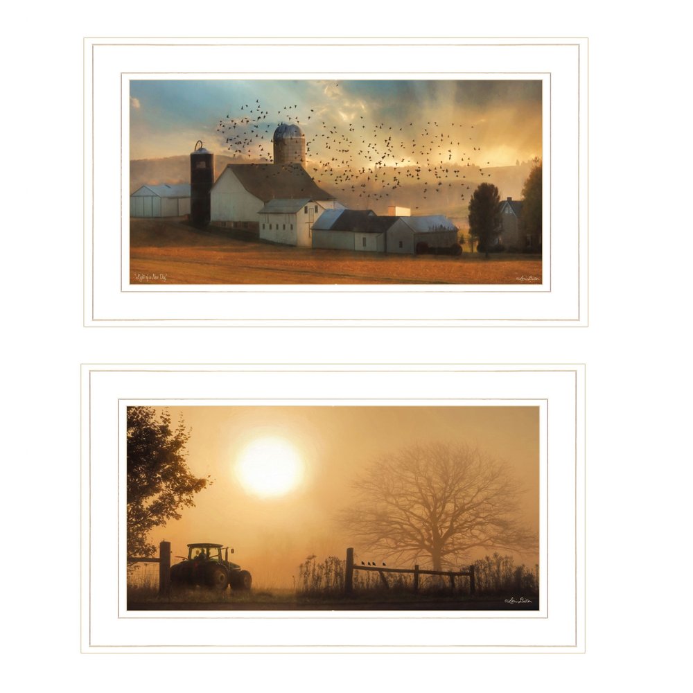 Set Of Two Farm Country Sunrise White Framed Print Wall Art — view 1