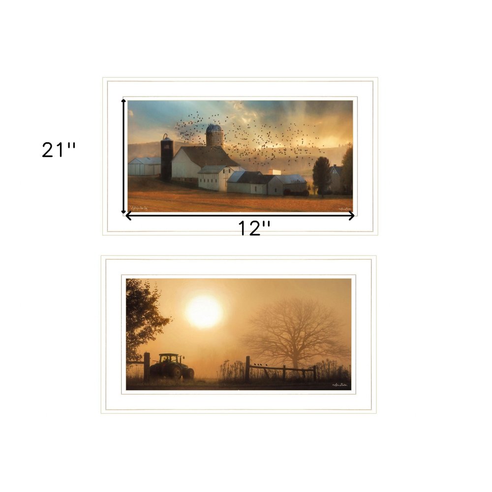 Set Of Two Farm Country Sunrise White Framed Print Wall Art — view 3
