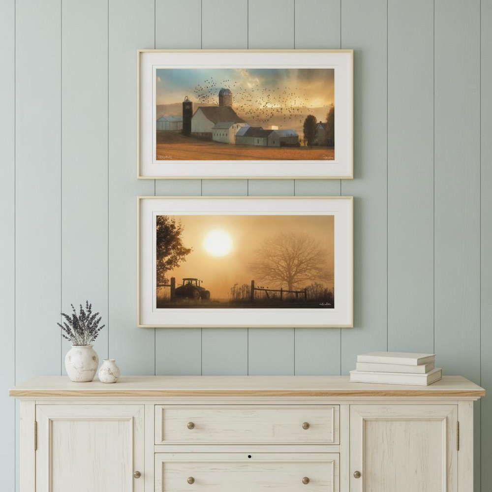 Set Of Two Farm Country Sunrise White Framed Print Wall Art — view 4