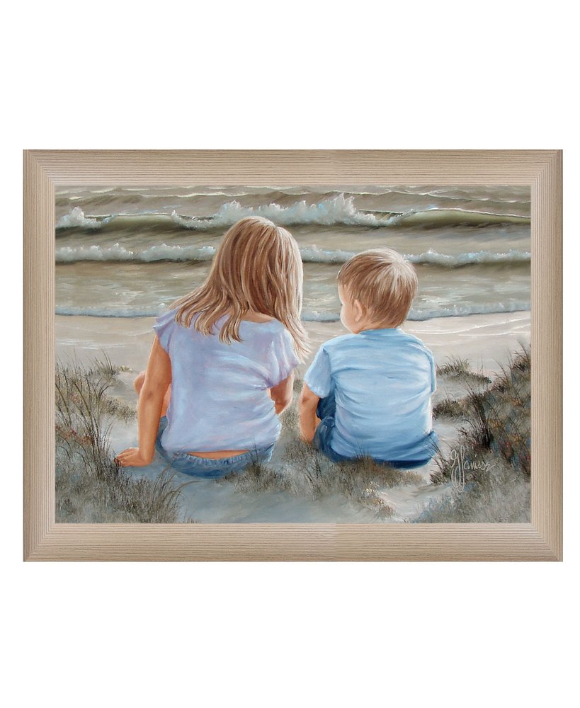 Boy and Girl Sitting in Dunes Brown Framed Print Wall Art — view 1