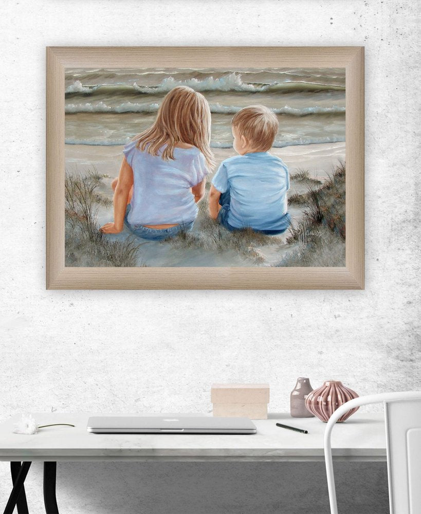 Boy and Girl Sitting in Dunes Brown Framed Print Wall Art — view 2