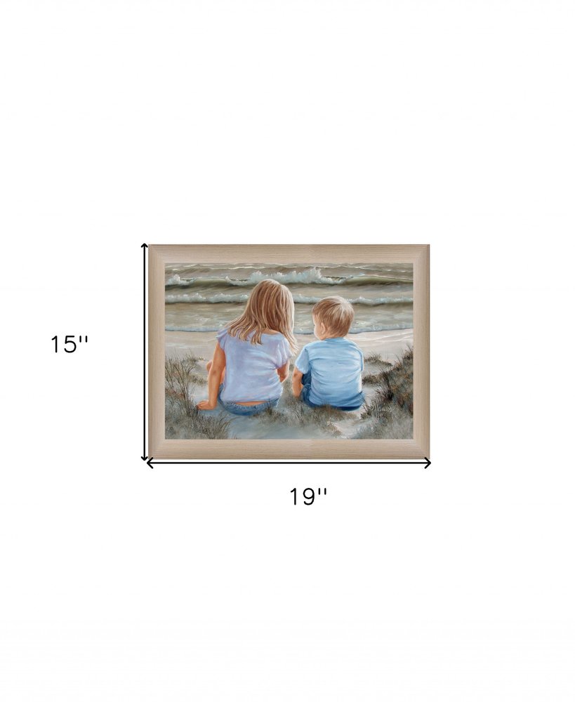 Boy and Girl Sitting in Dunes Brown Framed Print Wall Art — view 3