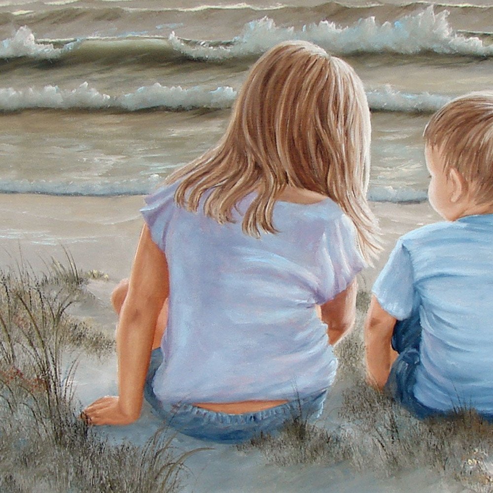 Boy and Girl Sitting in Dunes Brown Framed Print Wall Art — view 4