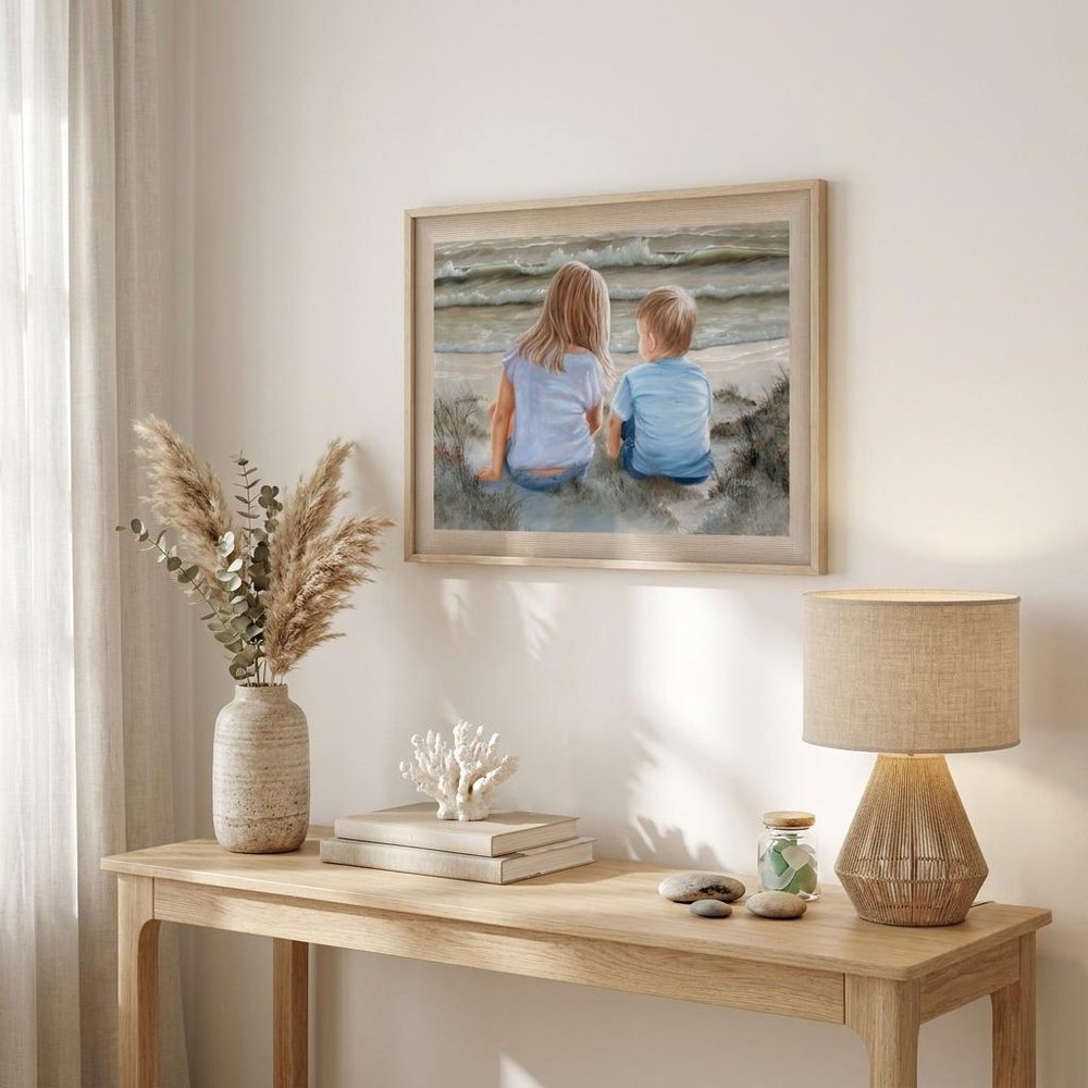 Boy and Girl Sitting in Dunes Brown Framed Print Wall Art — view 5